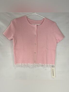 NWT Commence Pink Ribbed Short-Sleeve Lace-Hem Cardigan